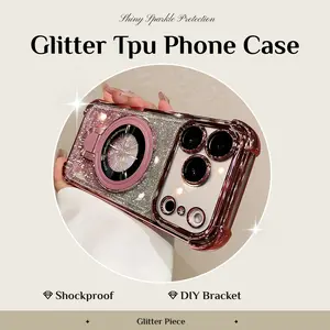 New Fashion Shinny Plated Soft TPU Clear Women's Phone Case with Glitter Piece & DIY Bracket Stand for iPhone 17 Pro Max Air Plus XS 11 12 13 14 15 16 High-definition Transparent Shockproof Cover Full-body Airbag Corner Drop-resistant Design