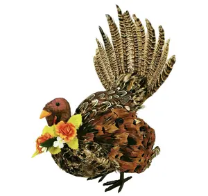 Nature Vibe 12.4 Inches Feathered Standing Turkey Decor,Realistic Turkey Figurines with Natural Feathers for Thanksgiving Decorations,Decorative Farm Animals as Fall Table Centerpieces