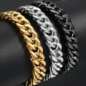 10mm Wide Mens 316L Stainless Steel Bracelet Cut Double Curb Link Rombo Chain for Men Fashion Jewelry