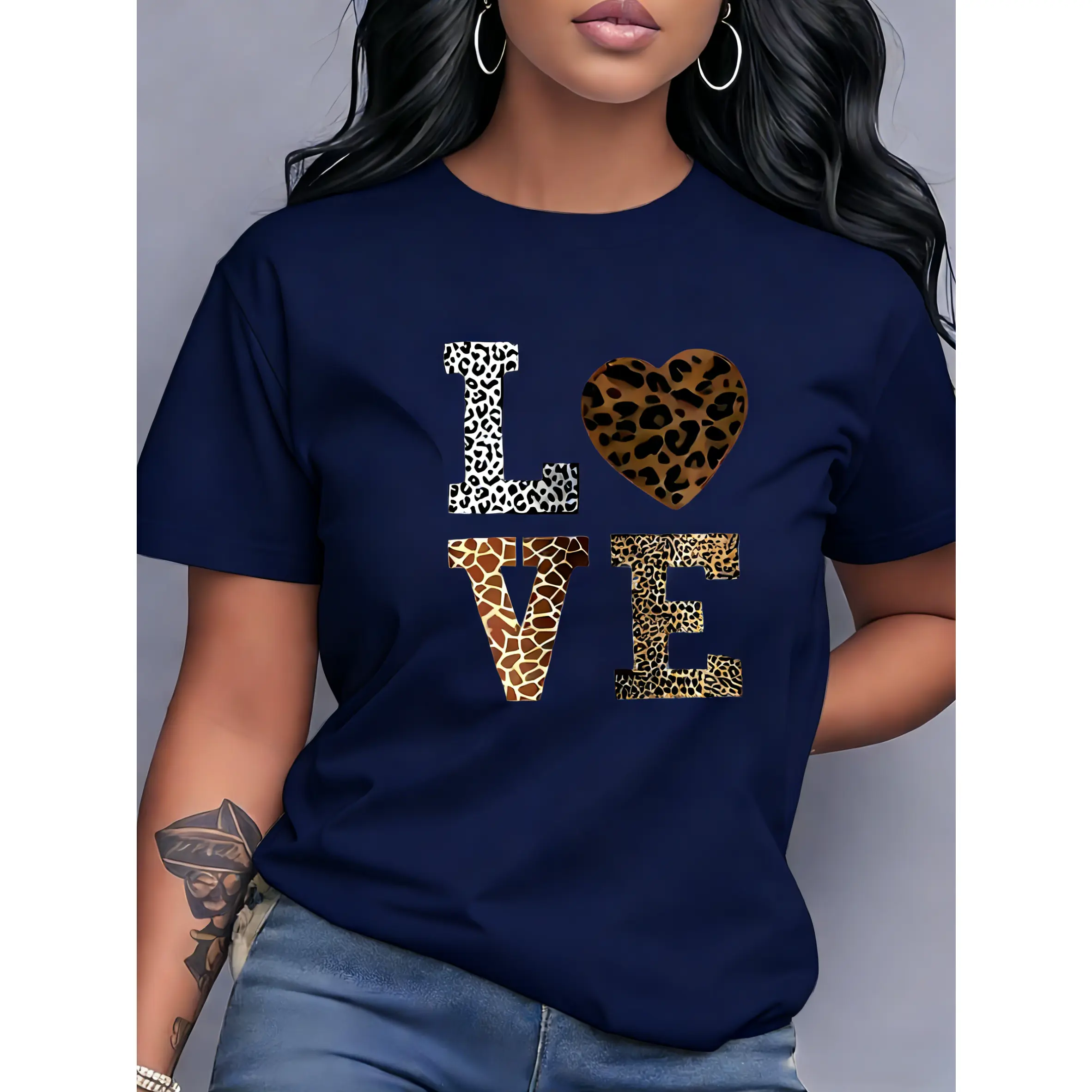 100% pure cotton, available in multiple colors, love leopard print heart pattern printed fashion casual short sleeve pullover sweatshirt women's round neck T-shirt