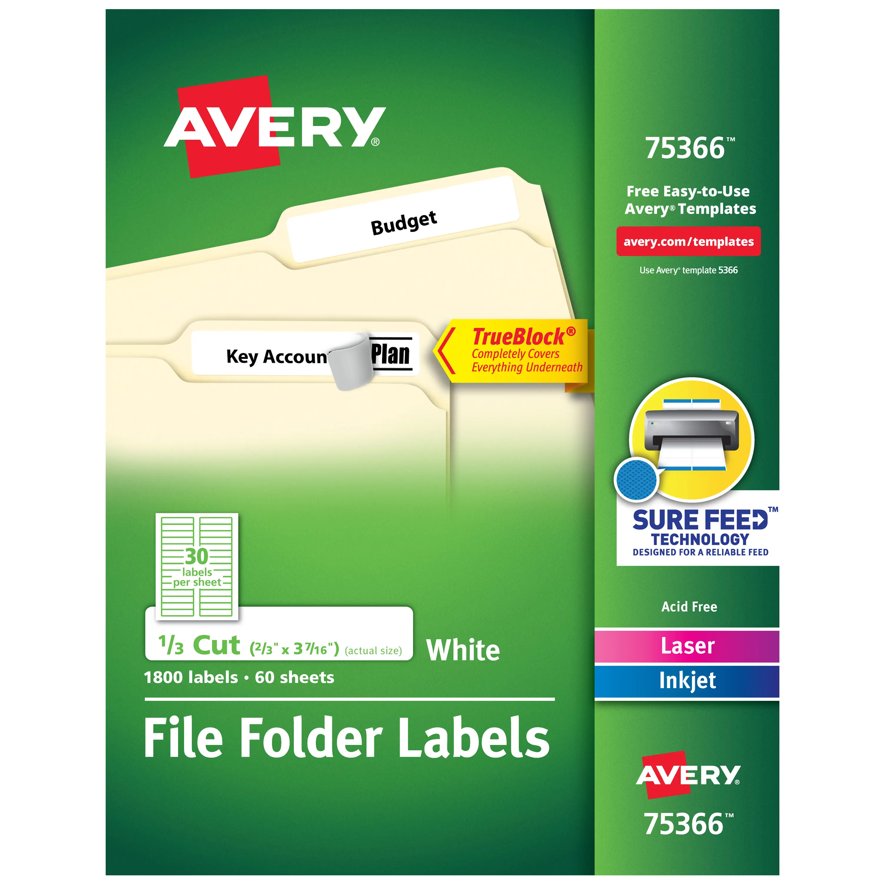 Avery TrueBlock Custom Label Stickers, 2/3" x 3-7/16", 1800 Permanent Printable White File Folder Labels (75366), Custom Labels, Label Sticker