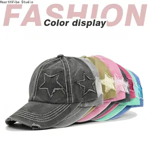 Women's Vintage Distressed Plain Baseball Cap with Ponytail Opening - Glittery Star Accent Washed Trucker Hat, Casual Statement Hats for Women, Trucker Hats Women