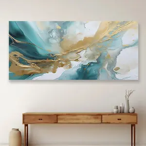 2D Flat Extra Large Frameless Teal Abstract Wall Art for Living Room, Turquoise Wall Decor Abstract Picture Marble Canvas Painting Teal and Gold Prints Poster Modern Neutral Artwork for Bedroom Home Decoration
