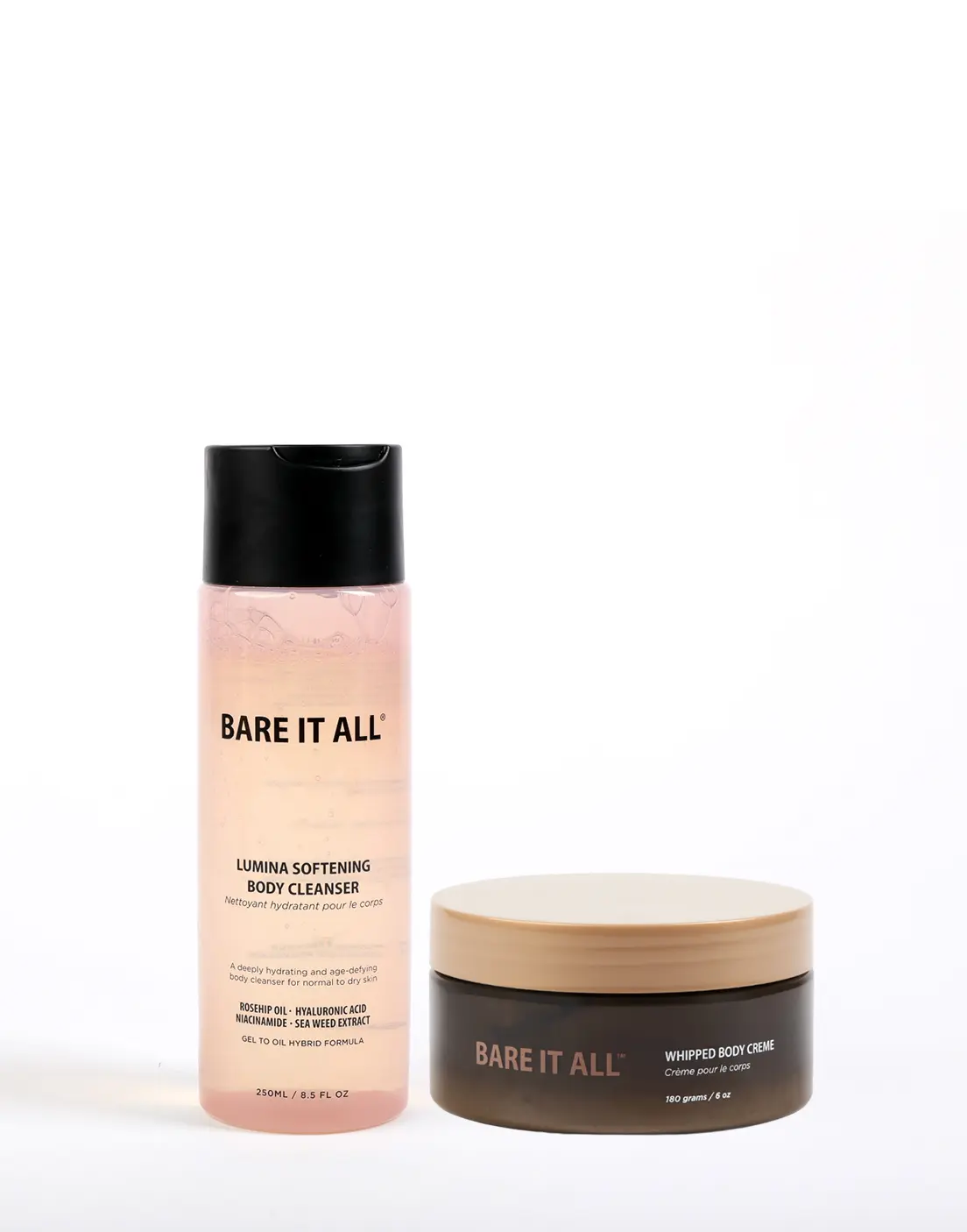 Bare It All Skin Moisture Bomb Kit - 2-Piece Hydrating Body Set for Dry Skin - Lumina Cleanser 250ml & Whipped Créme 180g - Rosehip Oil, Niacinamide & Shea Butter - Firming, Age-Defying & Deep Hydration - Vegan & Cruelty-Free - For Women
