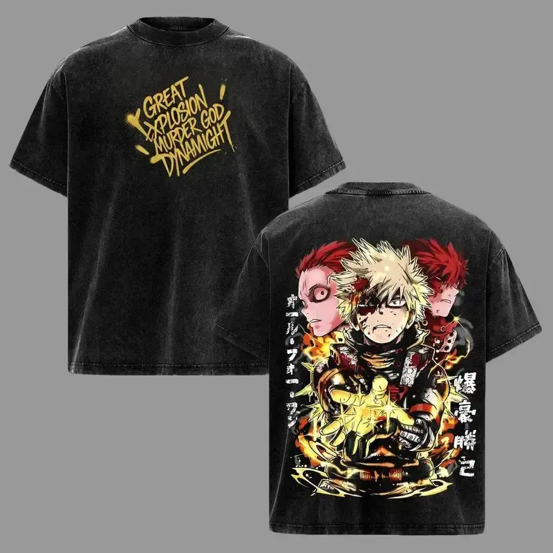 Men's Short-Sleeve Vintage Washed Oversized Katsuki Bakugo T-Shirt - My Hero Academia Dynamight Graphic Tee, Casual Streetwear Unisex Top, Gift for Anime Fans