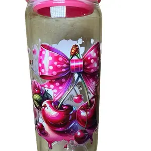 Cherry 20oz Glass Cup with Straw Pink Polka Dot Bow Design & Cherry Illustration Bottle Drinkware Reusable Portable Washable Mug Tumbler