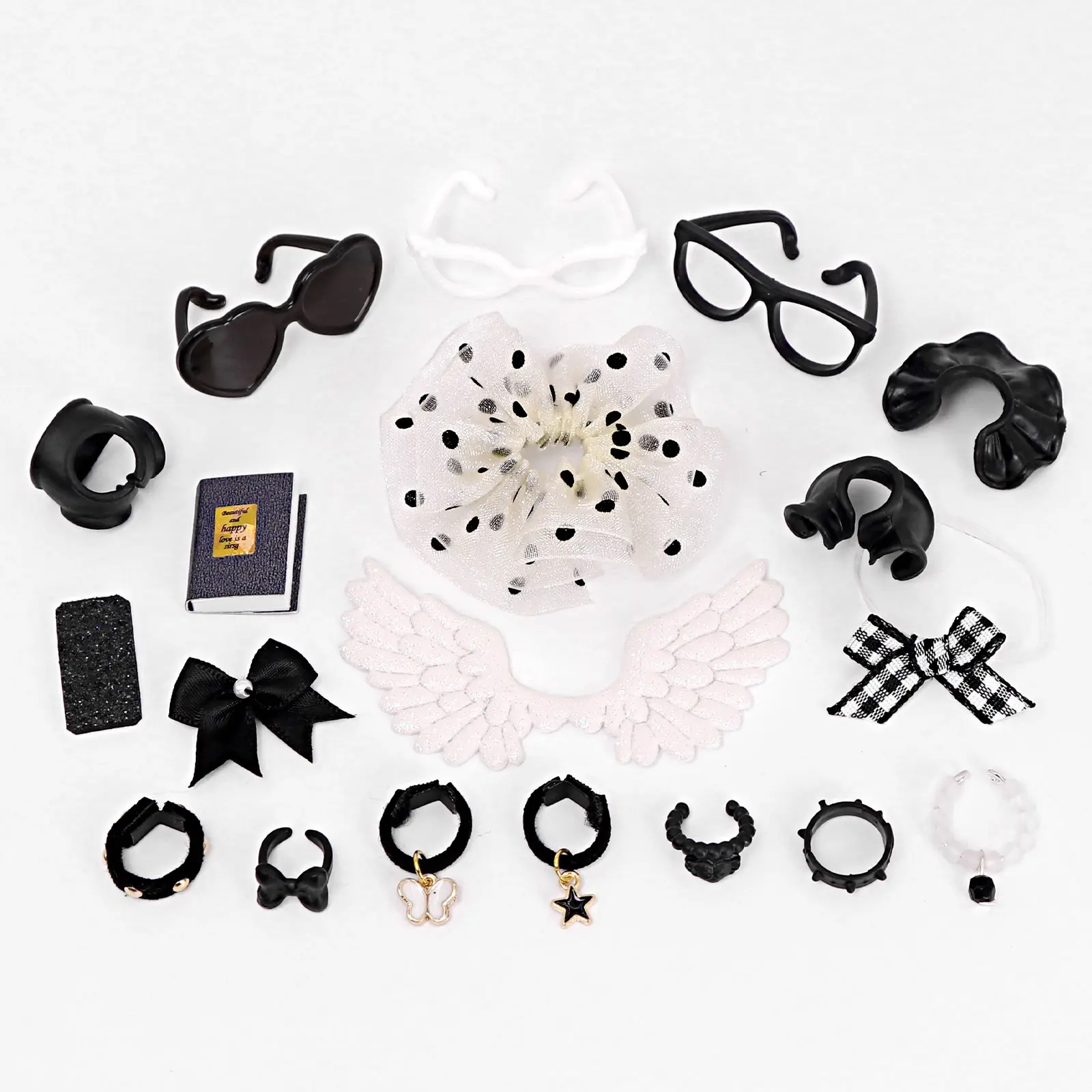 19 PCS Mini Doll Fashion Accessories Kit Black White Y2K Decor Sunglasses Tulle Scrunchie Angel Wings Hair Clips Bracelets Rings Mini Book Phone Props for Small Dress Up Dolls, Doll Excluded