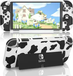 Switch OLED Protective Case, Hard Case Compatible with Nintendo Switch OLED Console with Tempered Glass Screen Protector and Thumb Grips - Cow