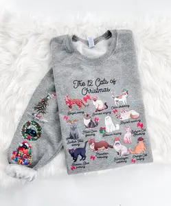 12 Cats of Christmas Holiday Sweatshirt or Hoodie with sleeve print Comfy Sublimation Tops Menswear Unisex Oversized Pullover