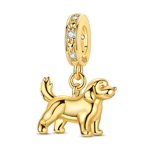 MULA 14K gold-plated golden puppy pendant, suitable for Pandora bracelets – adorable 925 sterling silver dog pendant, set with heart-shaped cubic zirconia, a perfect gift for dog moms and animal lovers.