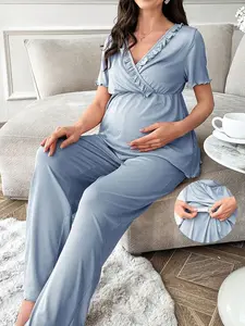 Maternity Pajamas Set - Blue V-Neck Ruffle Short Sleeve & Long Pants - 2 Piece Casual Summer Wear - 95% Polyester 5% Elastane - Regular Fit