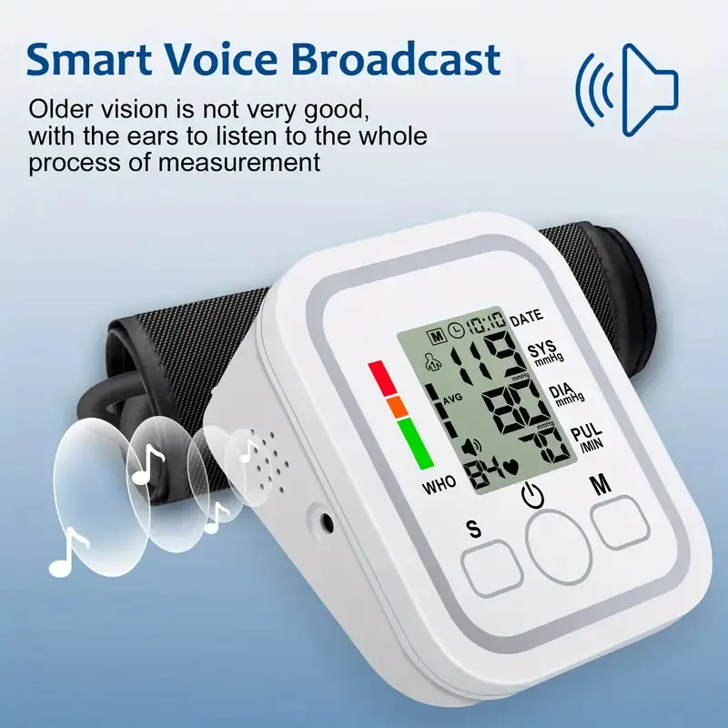 Portable Adult Upper Arm Healthcare Blood Pressure Monitor Kit - Easy Operation, Large Backlit LCD Display, Adjustable Cuff, 60-Second Quick Reading, Voice Broadcast, Hypertension Alert, 2×99 Groups Memory, Ideal for Home & Travel (Batteries Not Included)