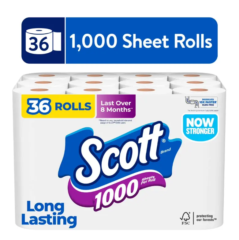 Scott 1000 Toilet Paper, 36 Rolls, 1000 Sheets Per Roll, Eco-friendly items for the family bathroom
