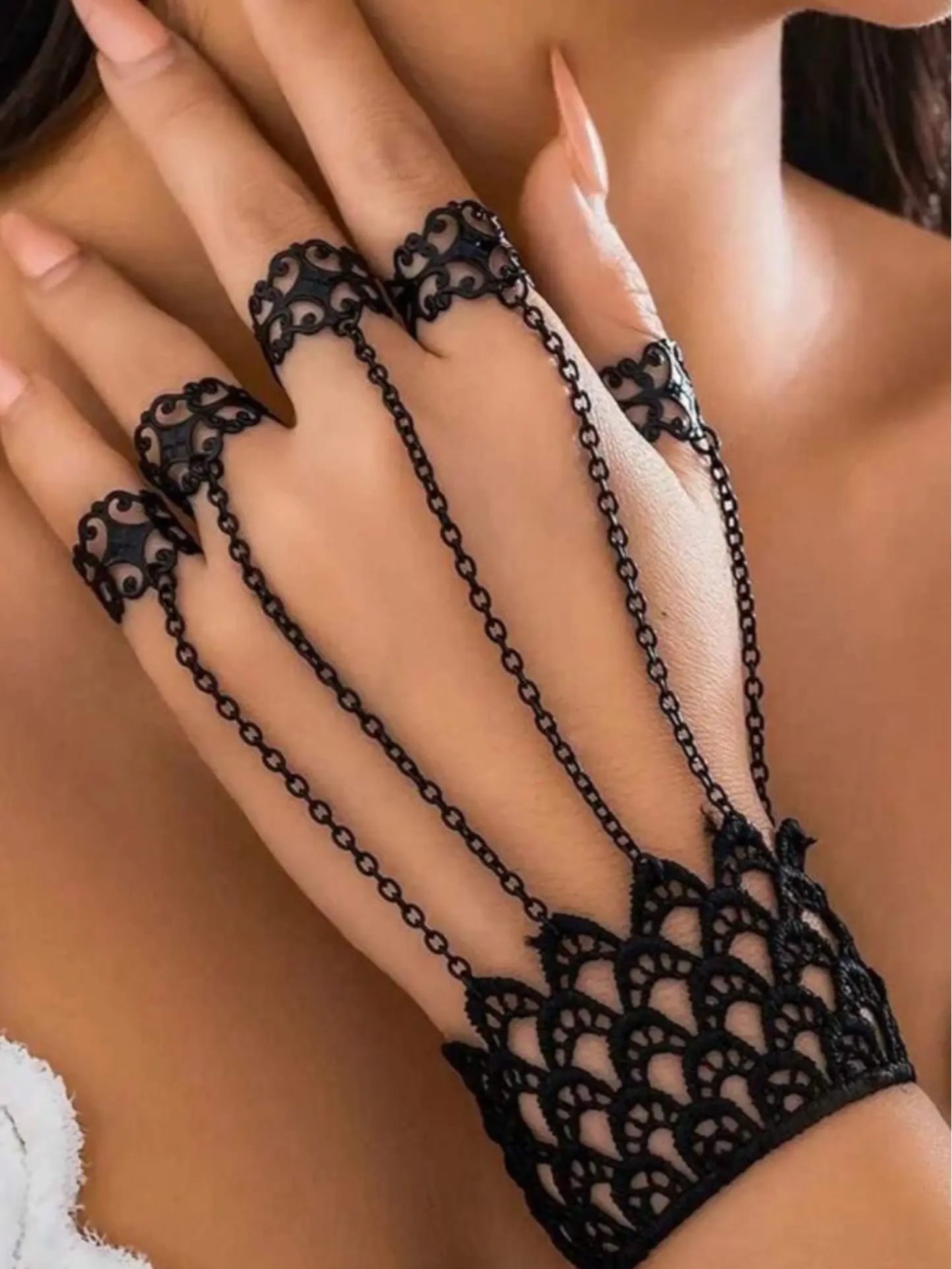 Lace Wrist Chain Bracelet - Bold Punk Fashion Accessory with Metal Connected Chain for Edgy Style Statements