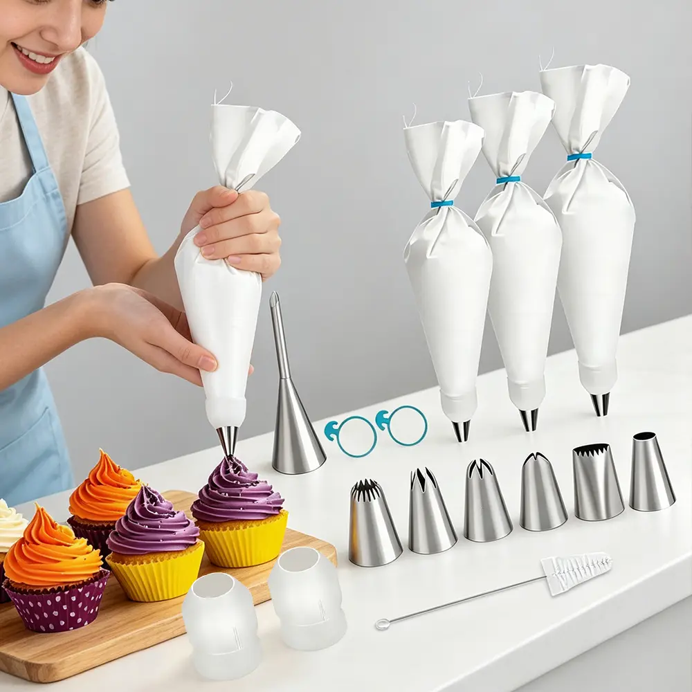 Heavy-Duty 15PCS Reusable Bakeware Piping Bags and Tips Set - 3 Pastry Bags, 7 Piping Tips, 2 Couplers, 2 Silicone Rings, 1 Cleaning Brush for Cake Decorating, Holidays, Baby Showers, Birthdays, Christmas Home Bakers