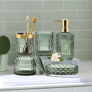Green Bathroom Accessories Set, 5Pcs Clear Glass Bathroom Accessories, Vanity Bathroom Decor, Hand Soap Dispenser, Soap Dish, Toothbrush Holder Set, Modern Countertop Organizer, Housewarming Gift Set