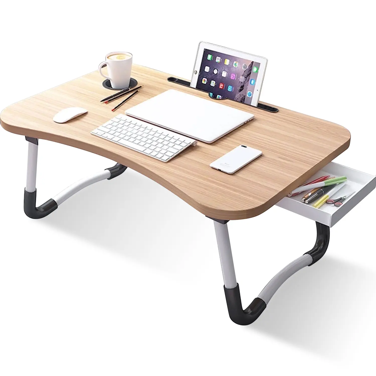 PHANCIR 23.6x15.8" MDF Wood Foldable Writing Workstation (4.7 lbs) - Easy Folding Overbed Desk, Space Saving Table with Cup Holder, Drawer Tray for Bed, Sofa (Walnut), Aluminum Legs