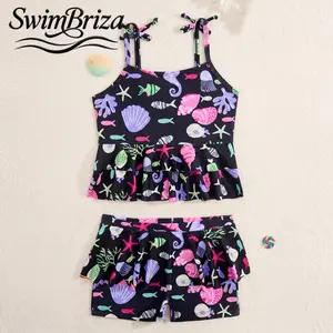 Briza｜Girls Two Piece Tankini Swimsuit Set Black Sea Life Print Ruffle Hem Stretch Bathing Suit with Shorts Tie Straps Beach Swimwear for Summer Vacation Pool, Girls Swimwear, Kids Bathing Suit, Two Piece Bathing Suit, Swim Shorts