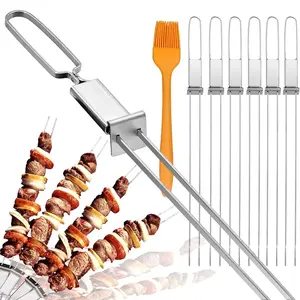7 Pack Kabob Skewers for Grilling, Metal Skewer for Kabobs with Slider, Double Pronged Flat BBQ Skewer Stainless Steel, 13" Shish Kabob Grill Skewers & Ideal Kabob Sticks for Meat Shrimp Chicken Veggie, Reusable, BBQ Accessories