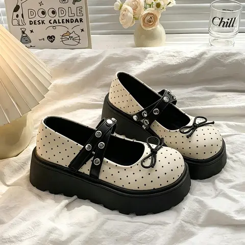Sweet Cool Girl Polka Dot Bow Bowknot Design Classic Mary Jane Shoes, Japanese Style Jk Academy Round Toe Thick Sole Heeled Shoes, Shorter Height Boosting Single Shoe, Elegant Chic Shoes