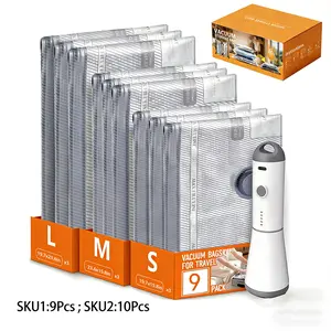 Travel Vacuum Bag Set with Rechargeable Pump, Luggage Compression Pack, Space Saving Clothing Storage, 9 Piece + 1 Pump Combo