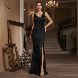Sequin Mermaid Evening Gown for Women Elegant Black Satin High Slit V-Neck Bridesmaid Dress for Wedding Party Military Ball Formal Event