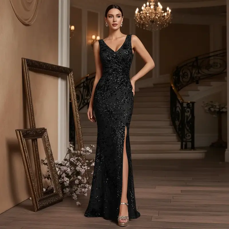 BluePlum Lady's Formal Wear Black Gold Asymmetric Single-Shoulder Fishtail Evening Gown, Sparkly Metallic Gold Sequin, Side Slit, Boning Structure, 3D Floral Gradient Pattern, Off-Shoulder A-Line Design, Glitter for Red Carpet, Banquet - BluePlum Lady's Formal Wear Black Gold Asymmetric Single-Shoulder Fishtail Evening Gown, Sparkly Metallic Gold Sequin, Side Slit, Boning Structure, 3D Floral Gradient Pattern, Off-Shoulder A-Line Design, Glitter for Red Carpet, Banquet -