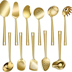 11-Piece Gold Stainless Steel Kitchen Utensil Set, Premium Heat Resistant Cooking Tools with Ergonomic Handles, Includes Spatula, Soup Ladle, Skimmer, Slotted Spoons, Pasta Server, Easy to Clean, Rustproof Kitchenware Essentials for Frying and Serving