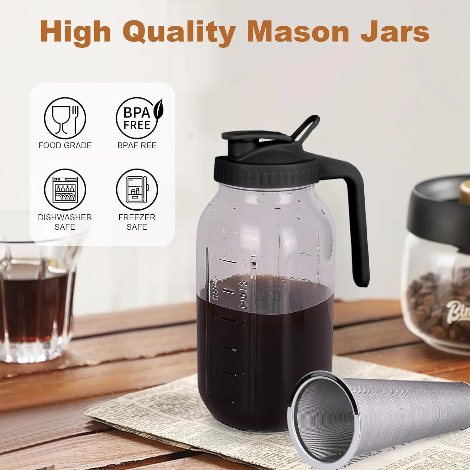 64oz Glass Cold Brew Maker Coffee Carafe - Stainless Steel Filter, Pour Spout Handle, Leak-Proof Airtight Lid, Heavy-Duty for Iced Coffee, Tea, Leak-Proof Lid