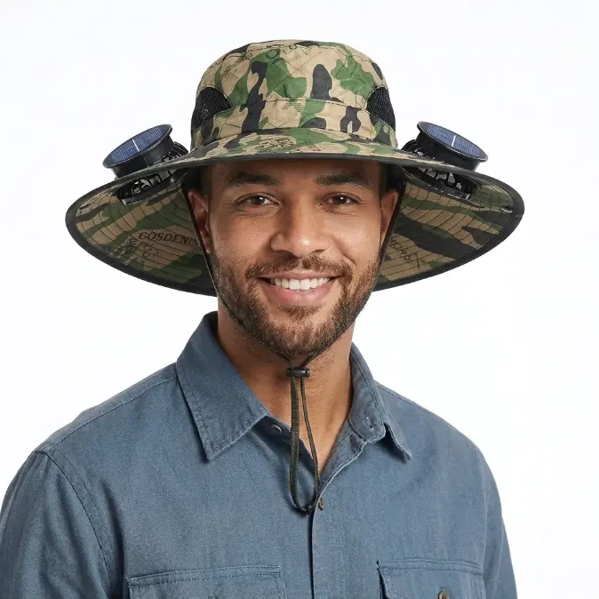 High Quality Unisex Outdoor Sports Wide Brim Sun Protection Hat with 2 Built-in Solar Fans, UPF 50+, Men's Hats for Beach Fishing, Camping, Camping Hat