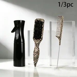 3PCS Leopard Print Hair Brush Set, Slick Back Hair Brush with Rat Tail Comb and Spray Bottle for Women & Men, Edge Control, Parting, Detangling, Hairline Smoothing Styling Tools for Curly Straight Hair