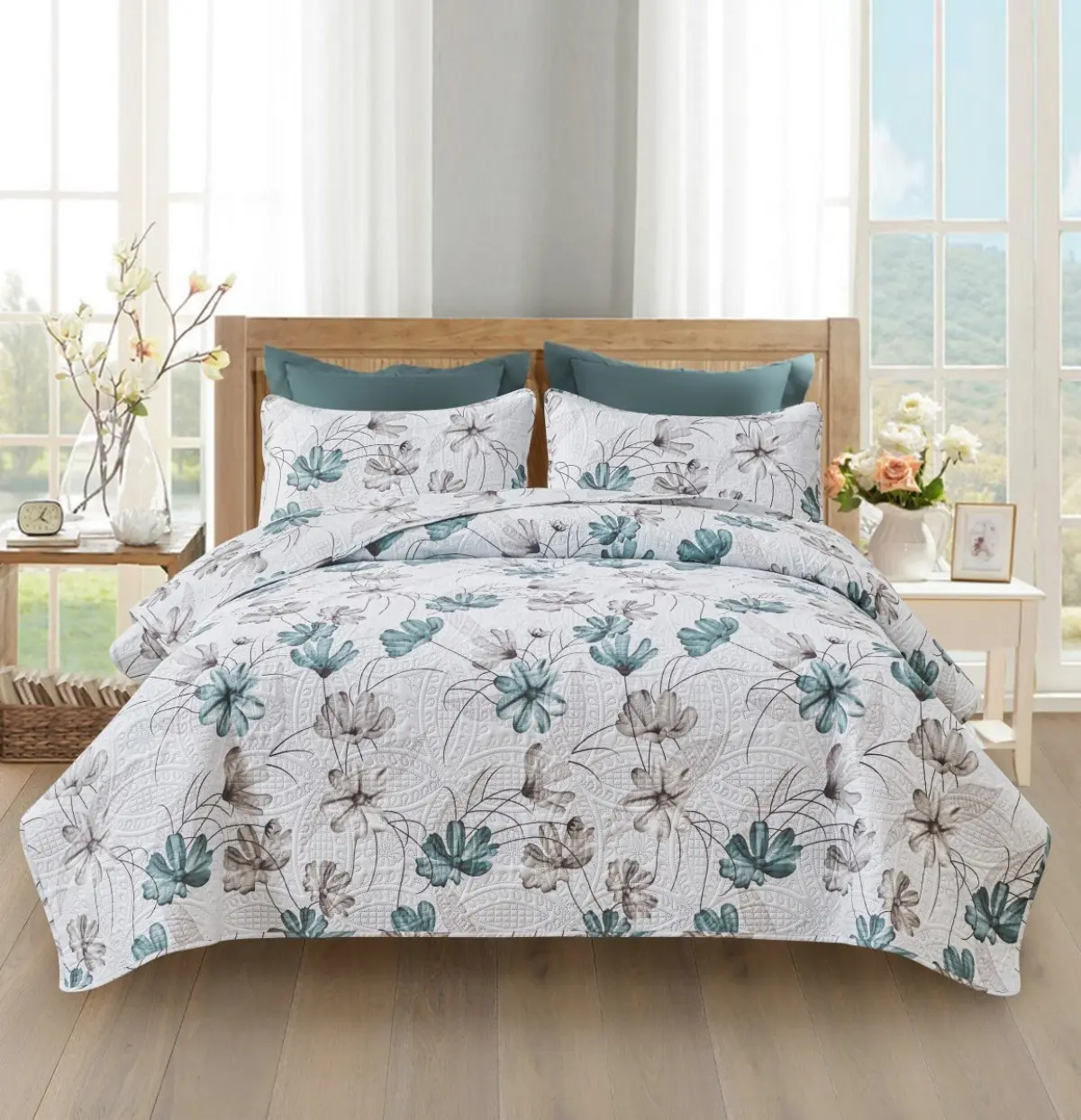 Floral Embossed Microfibre Floral Bedding Set - French Country Style, Durable Polyester, Lightweight Skin-Friendly Soft Quilt with 2 Pillowcases, Machine Washable Print Design, Year-Round All-Season Home Décor Bedspread