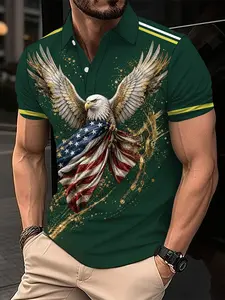 Trendy printed Polo shirt with dark green base, golden feathers and white-headed eagle pattern, celebrating the 250th anniversary of the founding of America. Featuring 3D digital printing, this casual and versatile sports men's Polo shirt is perfect for d