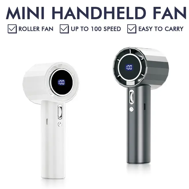100 Gears Turbo Fan High Speed USB Charging Handheld Fan with Digital Display Strong Wind Long Battery Life Easy Carry Low Noise Mini Roller Fan Up to 100 Speed