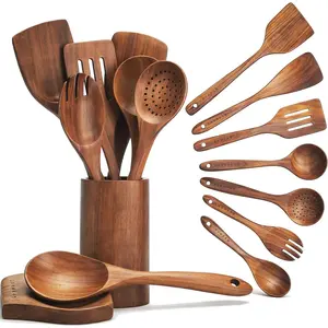Wooden Spoons for Cooking,9 Pcs Teak Kitchen Utensil Set Wooden Cooking Utensils Wooden Spatula for Cooking