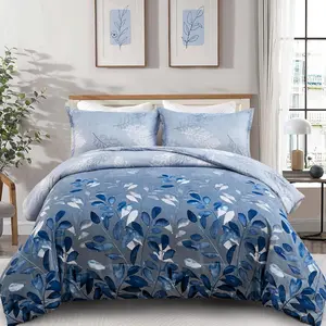 Blue Comforter Set , Navy Botanical Leaves Comforter for  Bed 3 count Reversible Floral Bed Comforter Sets Soft Microfiber Bedding Set for  Season (104"x90")