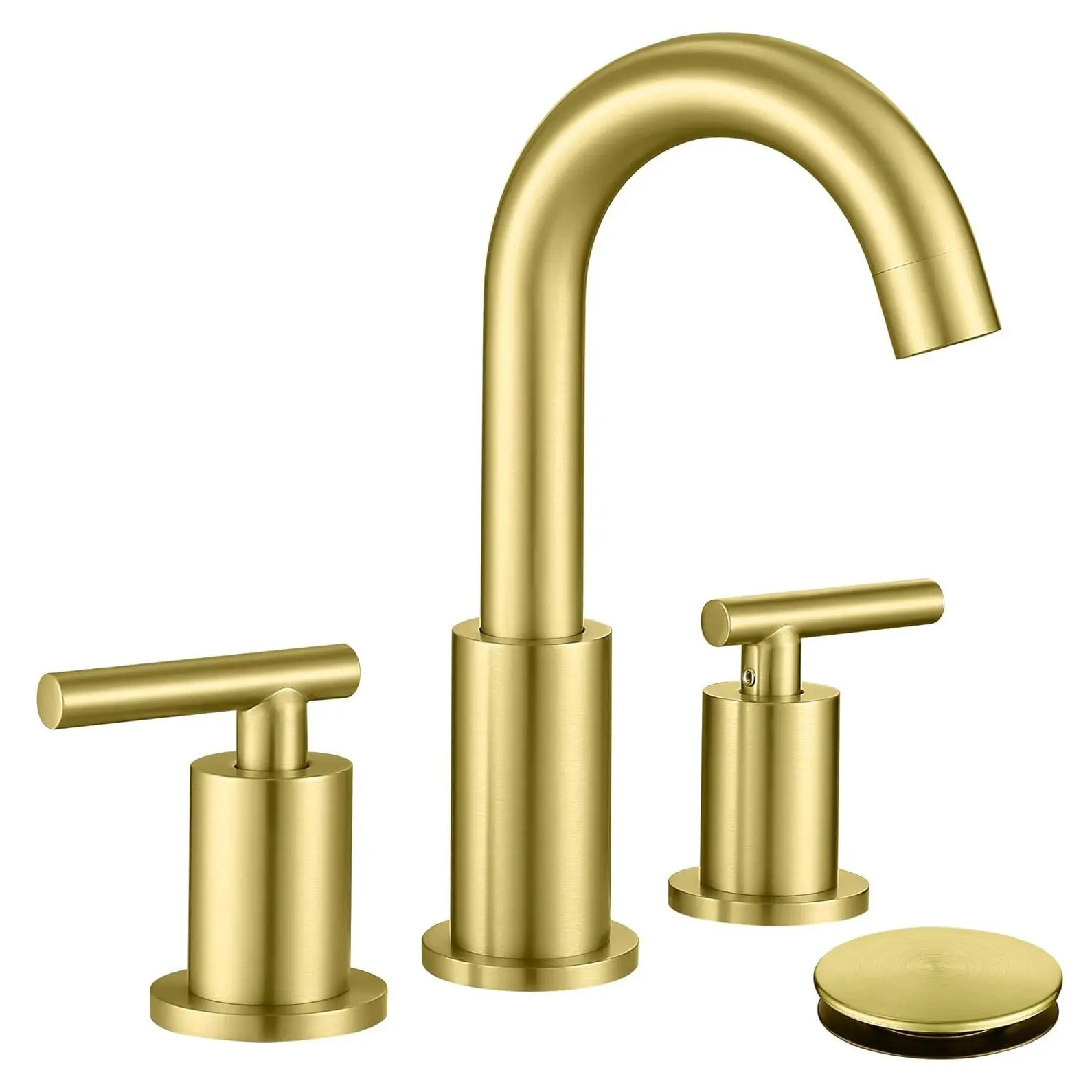 Modern Brushed Gold 3-Hole Widespread Bathroom Vanity Faucet - 8-in, 2-Handle, 360 Swivel Spout, Anti-Splash Aerator, Leak-Free, Pop-Up Drain, Supply Lines, DIY Installation, Stain-Rust Resistant, Water Saving Stainless Steel Complete Kit, Consistent Wate