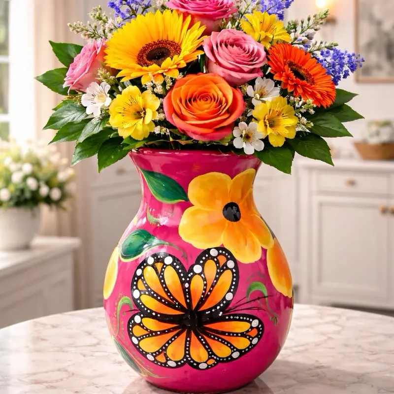 Pink Flower Vase With Monarch Butterfly & Yellow Flower Print Decorative Home Accent