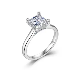 Luxury Golden Princess Cut Solitaire Ring for Women, Sparkly CZ Engagement Ring with Pave Accents, Elegant Wedding Promise Anniversary Jewelry Gift for Her