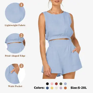 FISOEW Women's 2pcs Summer Outfits Sleeveless Crop Tank Top and High Waist Pocketed Shorts Loose 2 Piece Short Sets Clothes Suit 2 piece sets women Casual Womenswear Shirts Vest Cropped Breathable Chic Birthday Comfy Lightweight Solid Trend Elastic