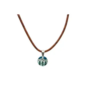 Forest and Mountains Enamel Charm On Leather Necklace