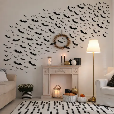 180PCS 3D Bat Wall Stickers Pack - Multi-Size, Lightweight, Non-Light-Up Peel-and-Stick Adhesive Thin Film Decorations, Indoor Halloween Decoration Ornaments, Room Accessories Set for Home Decor