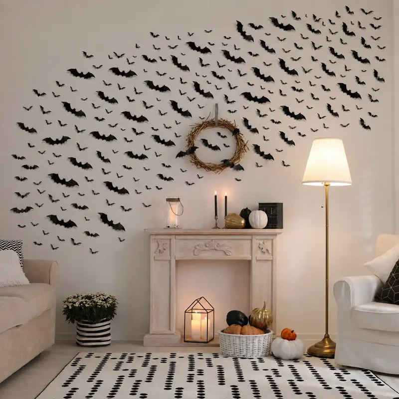 180PCS 3D Bat Wall Stickers Pack - Multi-Size, Lightweight, Non-Light-Up Peel-and-Stick Adhesive Thin Film Decorations, Indoor Halloween Decoration Ornaments, Room Accessories Set for Home Decor