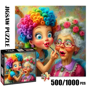 1pc 1000 piece adult puzzle 58x58cm Cartoon - styled Woman Applying Makeup to an Elderly Lady500 pieces of paper puzzle, suitable for adults and families, large-scale DIY puzzle interactive toy ga Jigsaw Puzzle