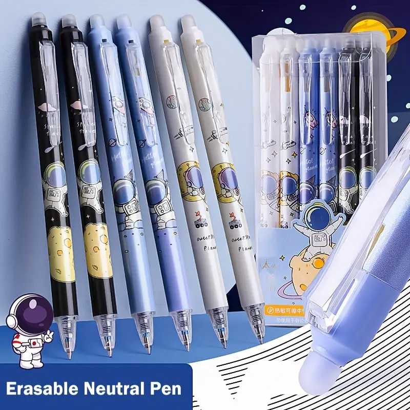 6/12Pcs 0.5mm Cartoon Cute Astronaut Series Erasable Push Ballpoint Pen Black Ink School Office Multi-function Brush Pen