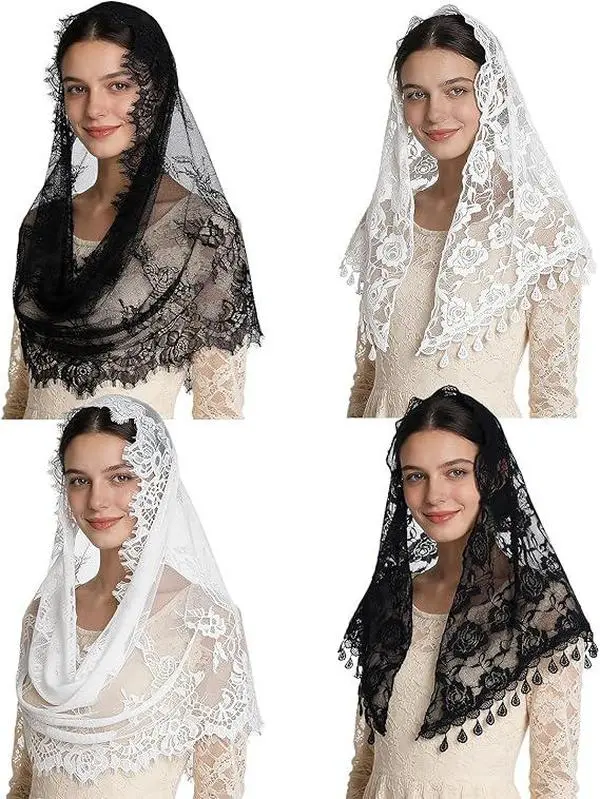 4 piece Catholic Mass Head Covering Scarf Lace Veil Wedding Veil Floral Lace Head Covering Triangle Rectangular Mantilla Veil
