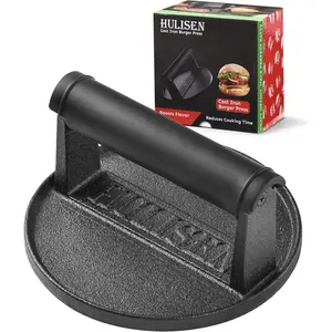 Pre-seasoned cast iron burger press, heavy-duty 6" burger smasher for griddle with heat-resistant handle, grill press for hamburger, bacon, meat, steak patties—barbecue grilling tool, 2.3 lb