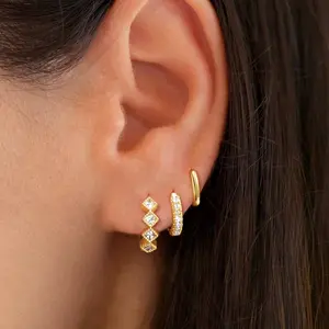 Rotnso 3-Pair Huggie Hoop Earrings Set for Women - 14K Gold Plated Cubic Zirconia Hypoallergenic Versatile Trendy Earrings for Multiple Piercings Ideal For Everyday Wear Chic Set