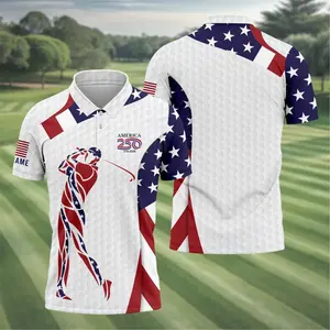 America 250 Golf Polo Shirt — Patriotic USA Independence Day All-over Print Polo Shirt (Lightweight) American retro street hip hop Y2K men’s casual spandex short-sleeve top, baseball apparel