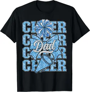 100% Cotton Cheer Dad Daddy Bow Sport Cheerleader Cheerleading Blue T-Shirt